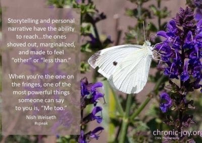 Storytelling and personal narrative have the ability to reach...the ones shoved out, marginalized, and made to feel "other" or "less than." When you're the one on the fringes, one of most powerful things someone can say to you is, "Me too." ~ Nish Weiseth