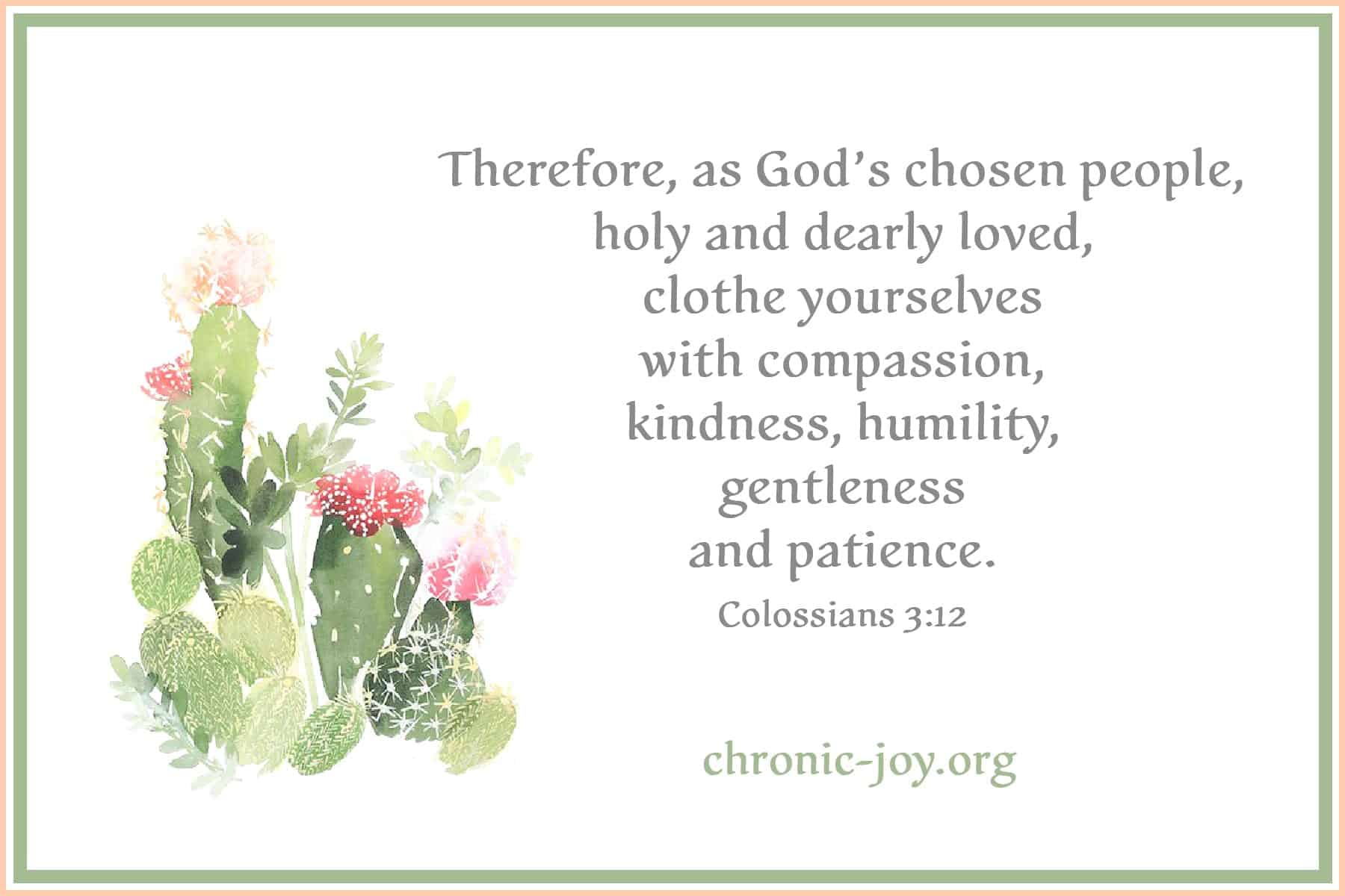 Therefore, as God’s chosen people, holy and dearly loved, clothe yourselves with compassion, kindness, humility, gentleness and patience.  (Colossians 3:12)