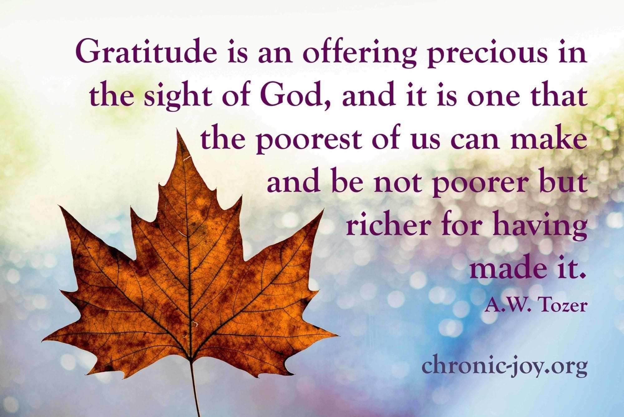 Gratitude is an offering precious in the sight of God, and it is one that the poorest of us can make and be not poorer but richer for having made it.