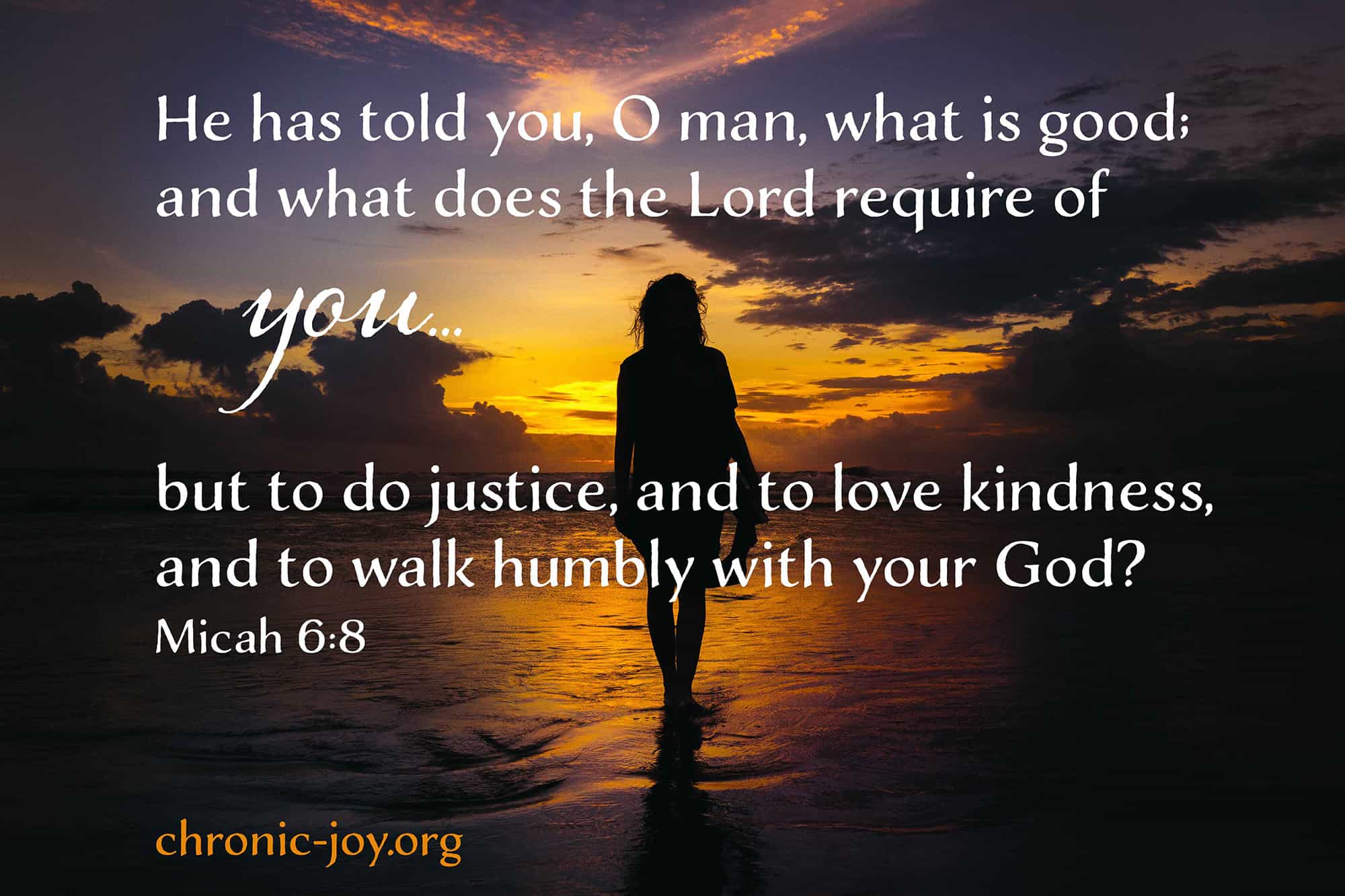 He has told you, O man, what is good; and what does the Lord require of you but to do justice, and to love kindness, and to walk humbly with your God? (Micah 6:8)