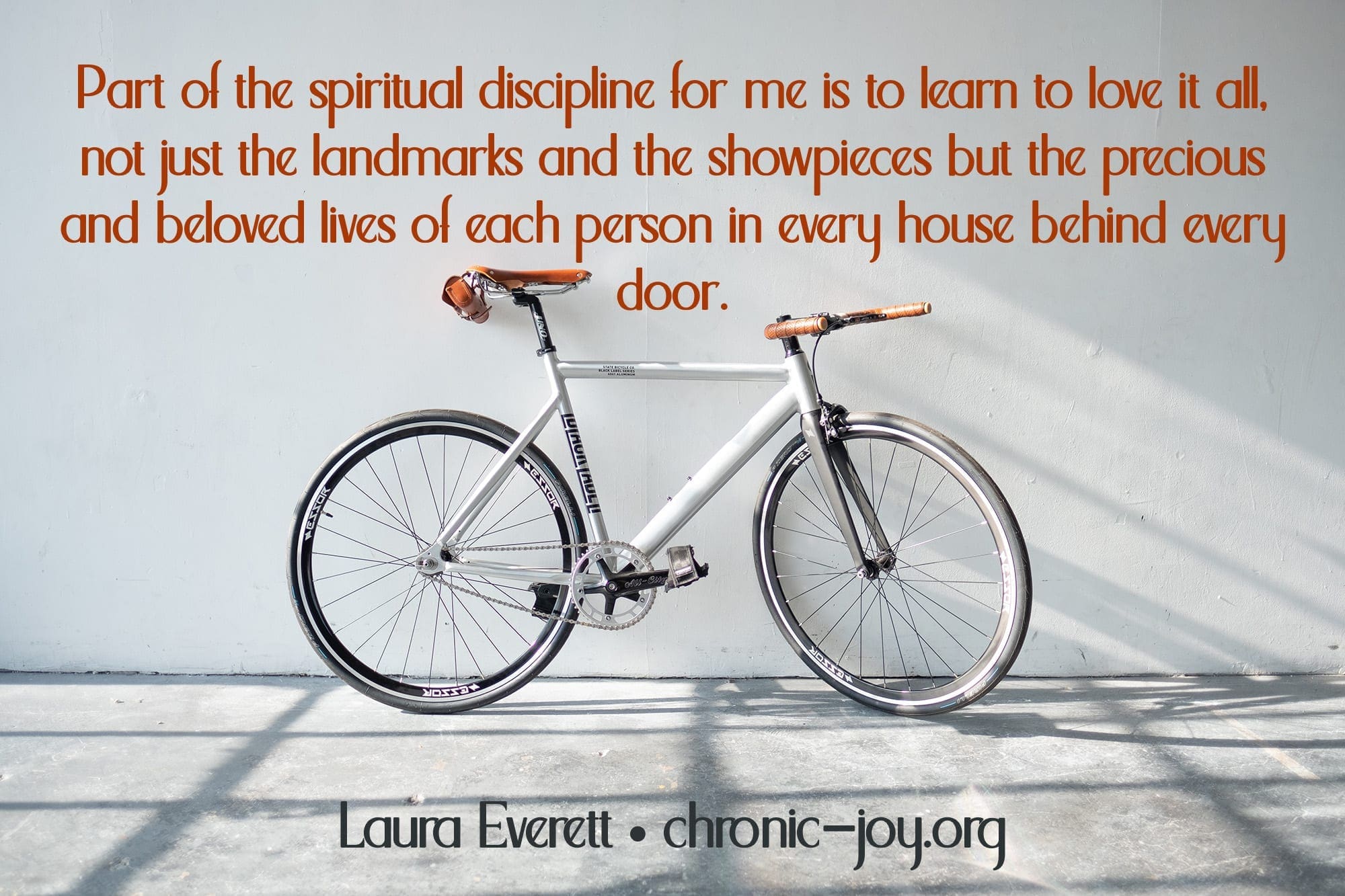"Part of the spiritual discipline for me is to learn to love it all, not just the landmarks and the showpieces but the precious and beloved lives of each person in every house behind every door." Laura Everett