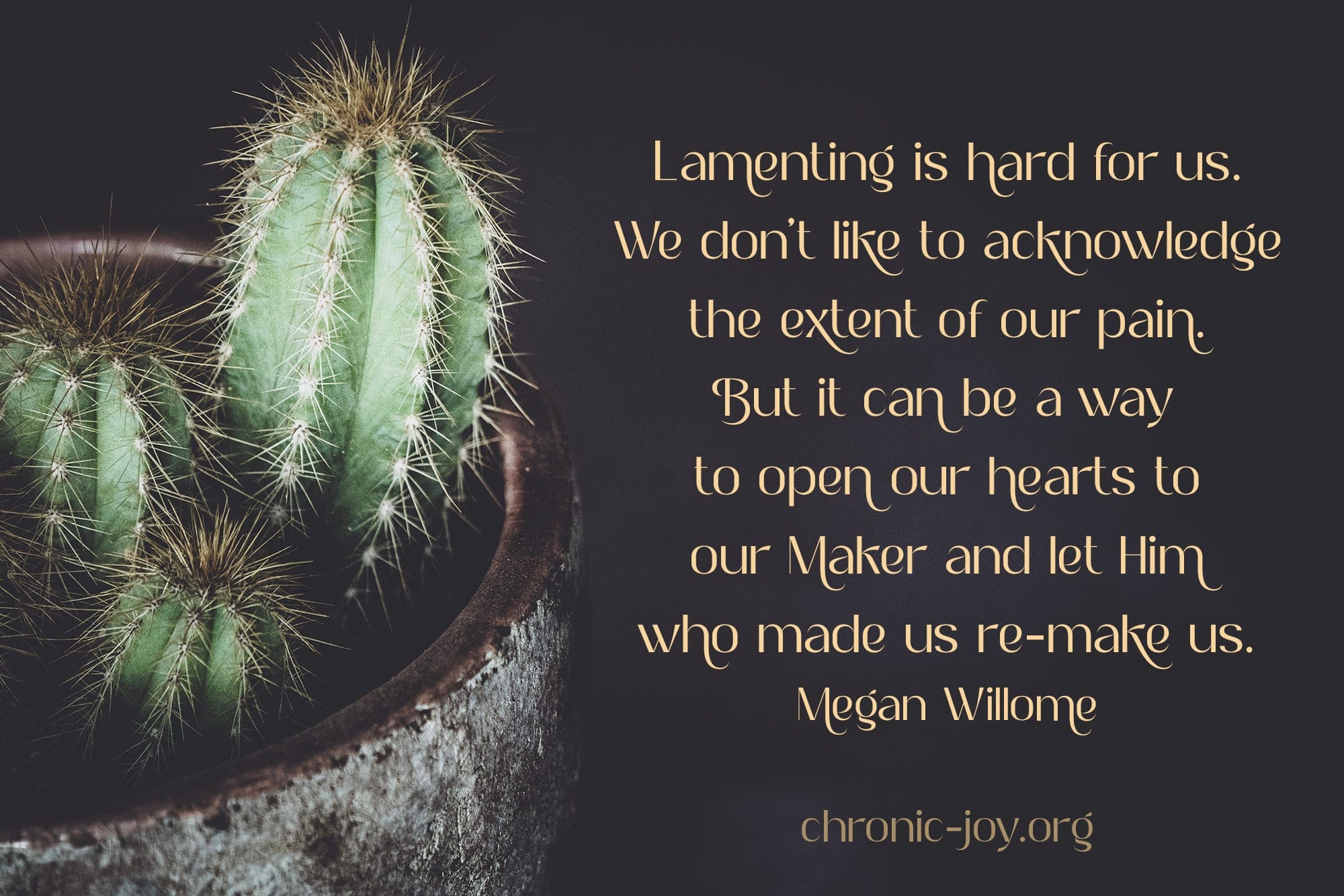 "Lamenting is hard for us. We don’t like to acknowledge the extent of our pain. But it can be a way to open our hearts to our Maker and let Him who made us re-make us." Megan Willome