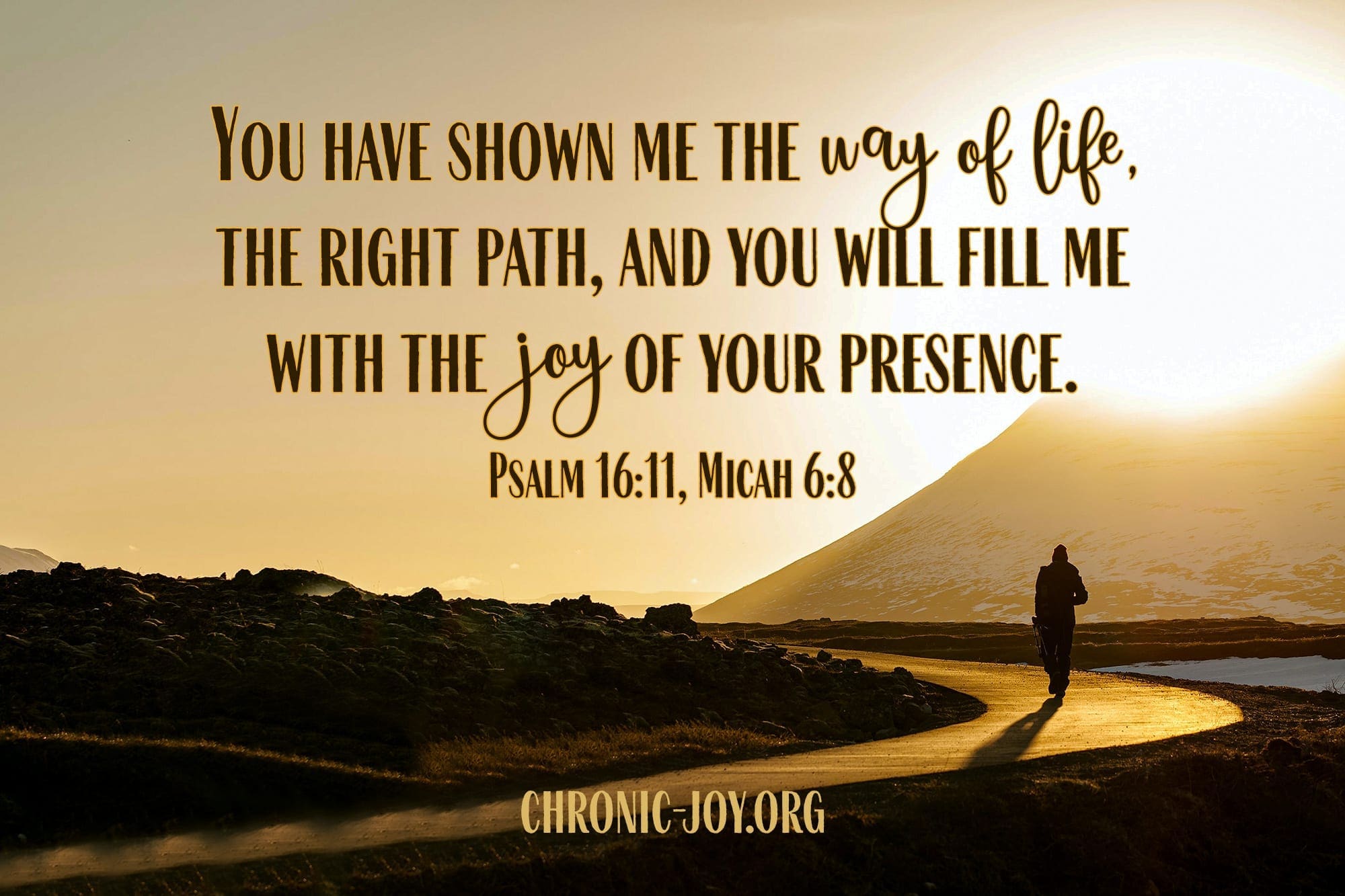 You have shown me the way of life, the right path, and you will fill me with the  joy of your presence.  Psalm 16:11, Micah 6:8