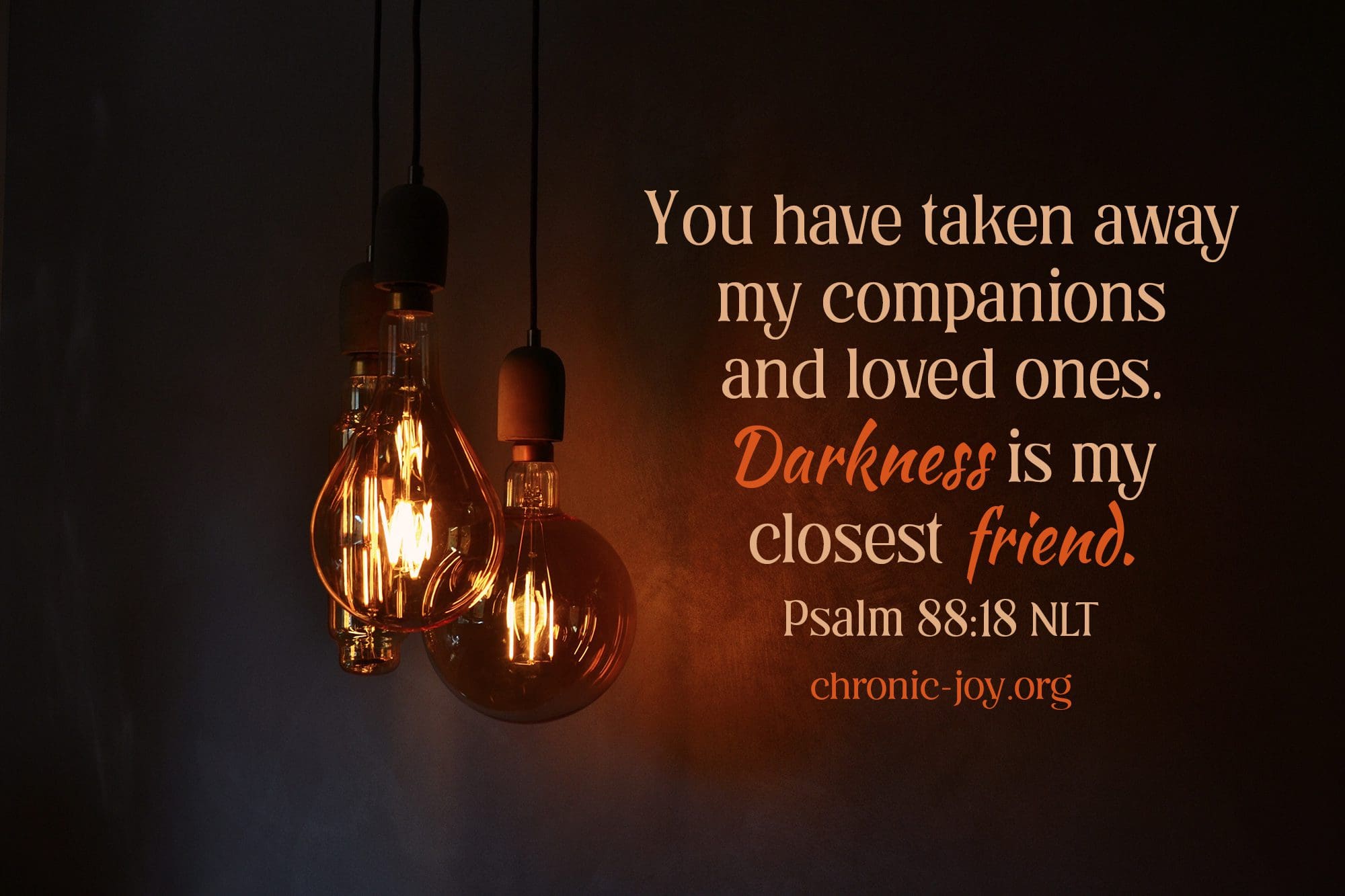 "You have taken away my companions and loved ones. Darkness is my closest friend." Psalm 88:18 NLT