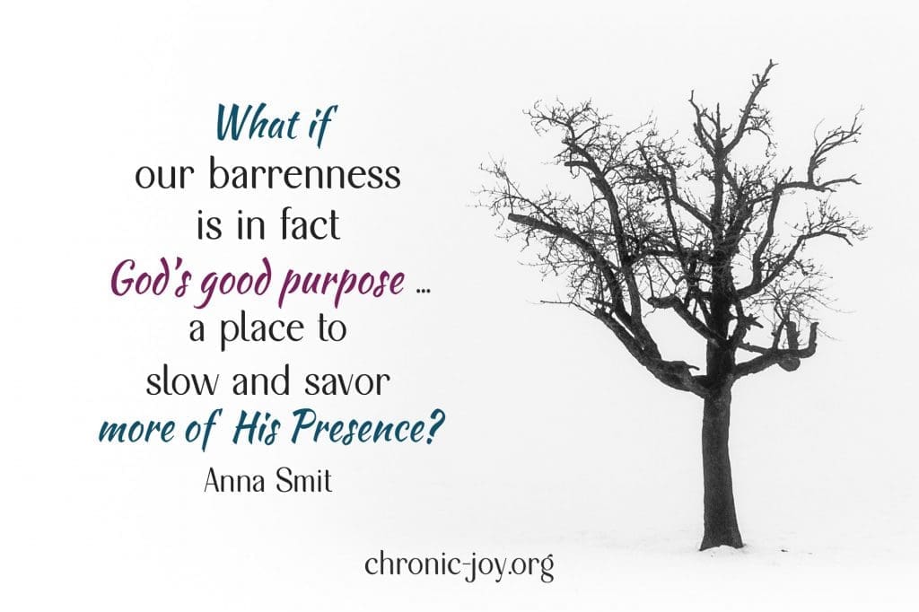 "What if our barrenness is in fact God’s good purpose ... a place to slow and savor more of His Presence?" Anna Smit