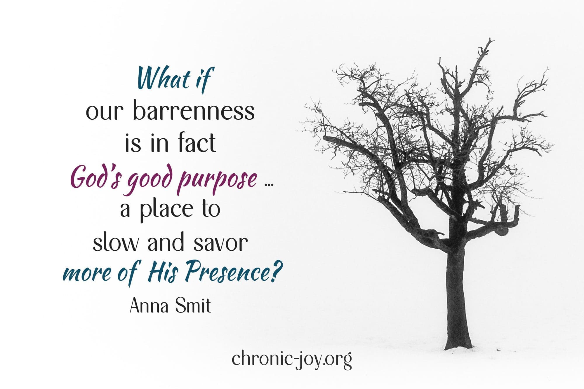 "What if our barrenness is in fact God’s good purpose ... a place to slow and savor more of His Presence?" Anna Smit
