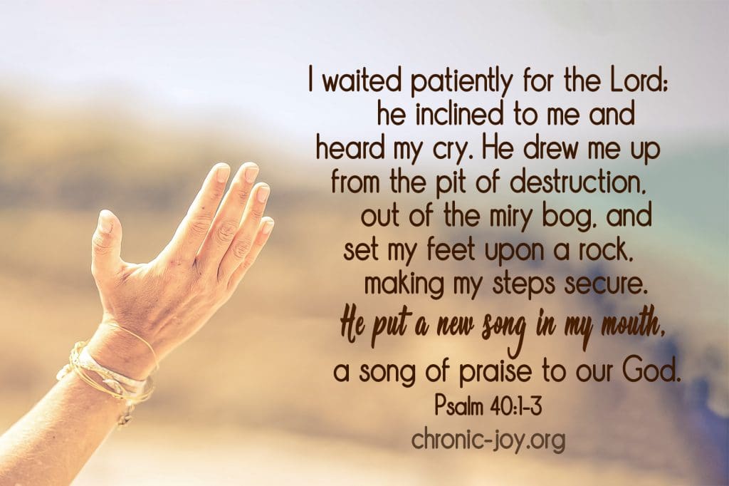 "I waited patiently for the Lord; he inclined to me and heard my cry. He drew me up from the pit of destruction, out of the miry bog, and set my feet upon a rock, making my steps secure. a song of praise to our God." Psalm 40:1-3
