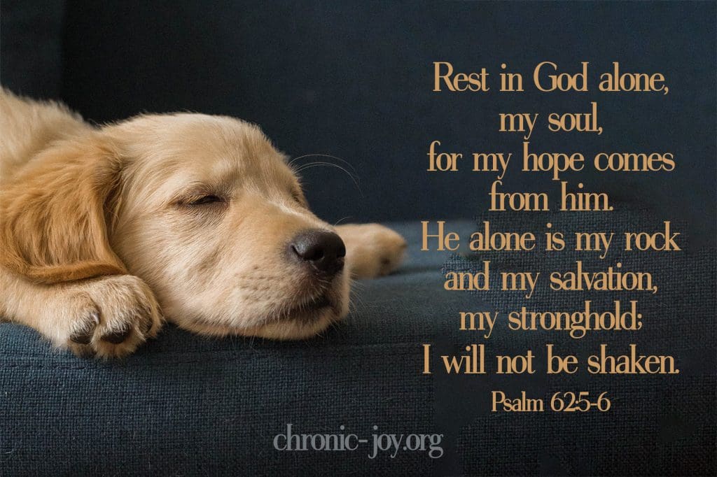 "Rest in God alone, my soul, for my hope comes from him. He alone is my rock and my salvation, my stronghold; I will not be shaken." Psalm 62:5-6