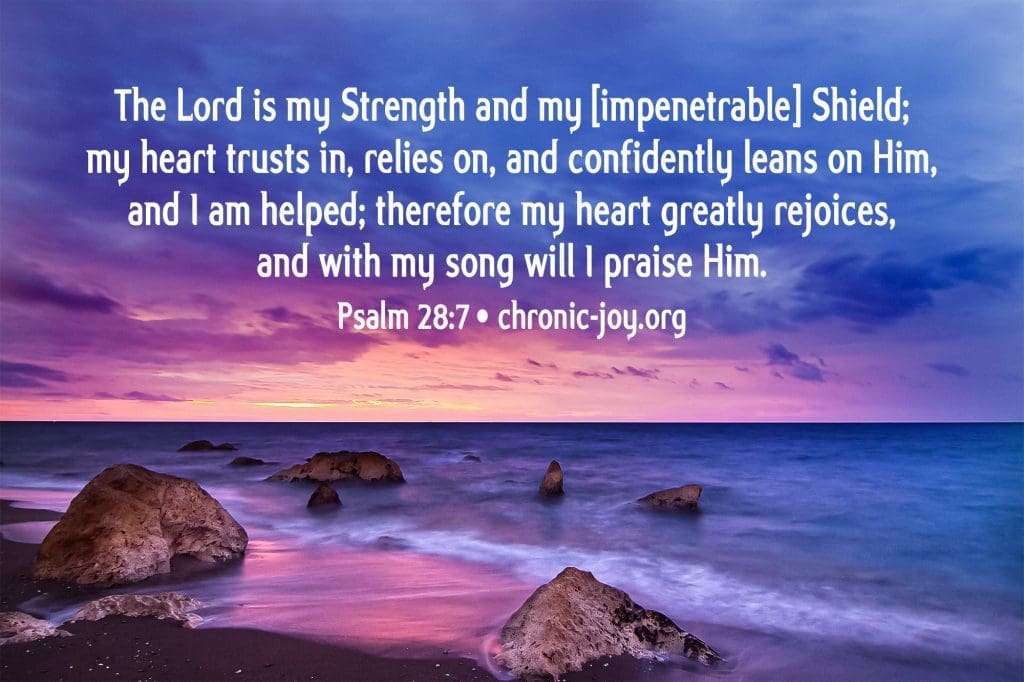 "The Lord is my Strength and my [impenetrable] Shield; my heart trusts in, relies on, and confidently leans on Him, and I am helped; therefore my heart greatly rejoices, and with my song will I praise Him." Psalm 28:7