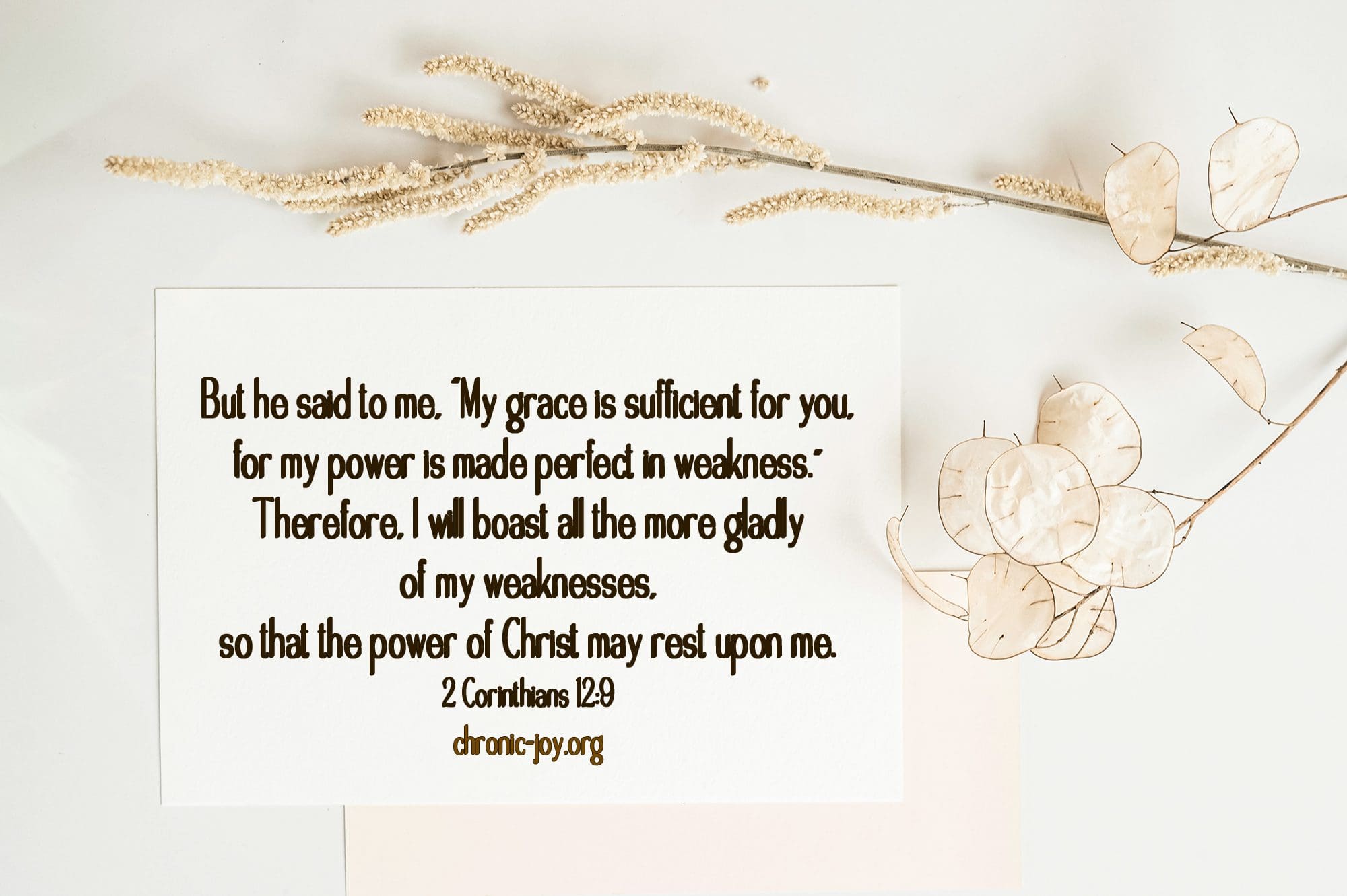 But he said to me, "My grace is sufficient for you, for my power is made perfect in weakness." Therefore, I will boast all the more gladly of my weaknesses., so that the power of Christ may rest upon me. (2 Corinthians 12:9)