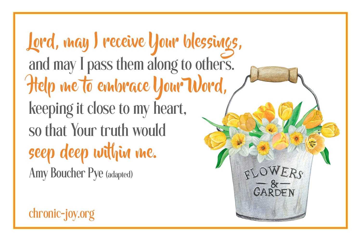 "Lord, may I receive Your blessings, and may I pass them along to others. Help me to embrace Your Word, keeping it close to my heart, so that Your truth would seep deep within me." Amy Boucher Pye (edited)