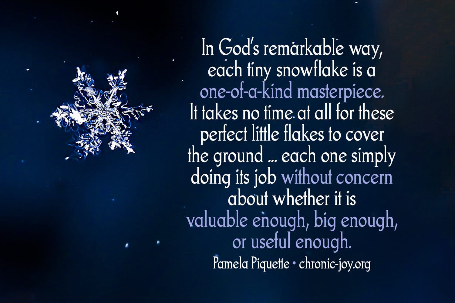 "In God’s remarkable way, each tiny flake is a one-of-a-kind masterpiece. It takes no time at all for these perfect little flakes to cover the ground ... each one simply doing its job without concern about whether it is valuable enough, big enough, or useful enough." Pamela Piquette